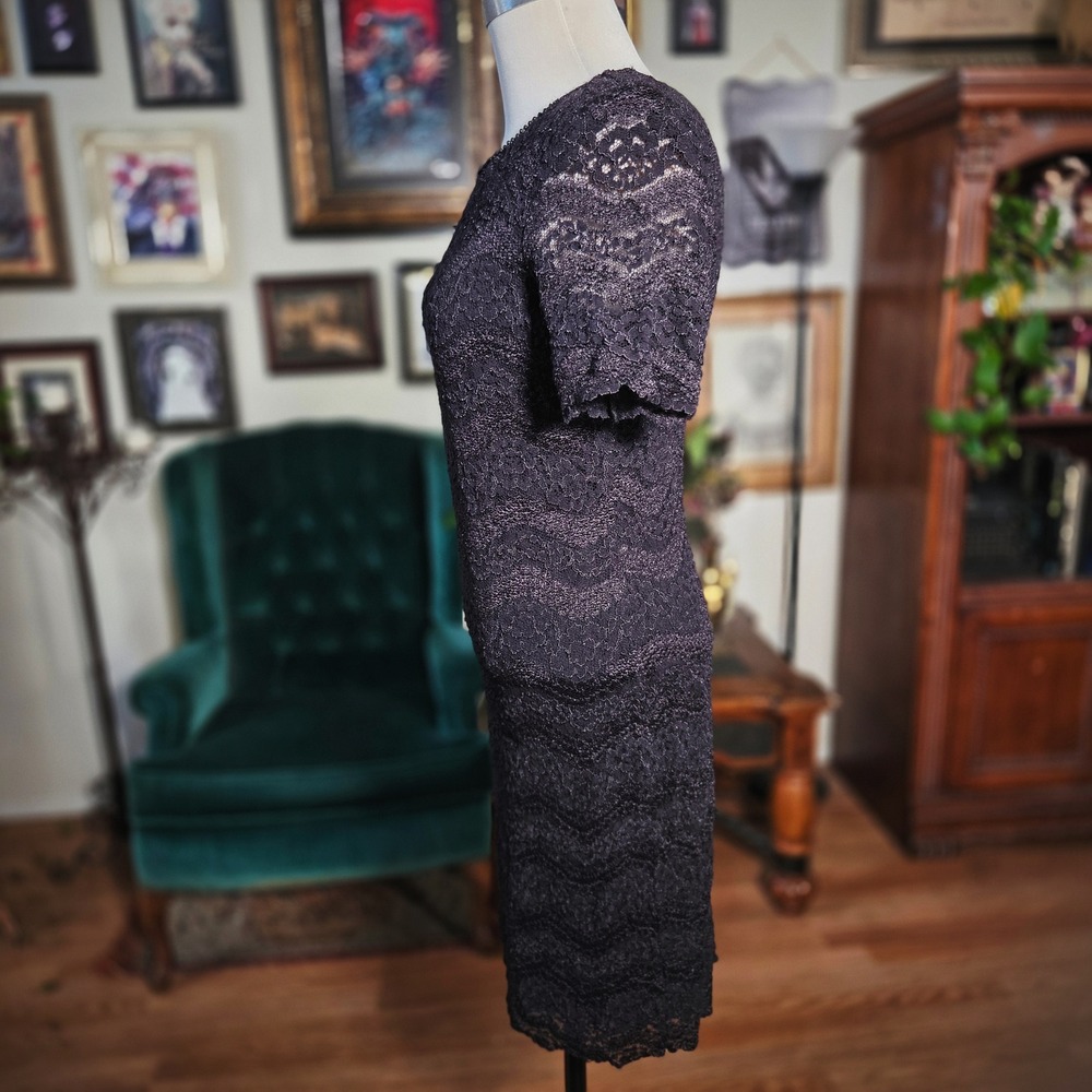 Vintage 80s Black Lace Bodycon Cocktail Dress Short‎ Sleeve V-Back Beaded Trim - Picture 5 of 7